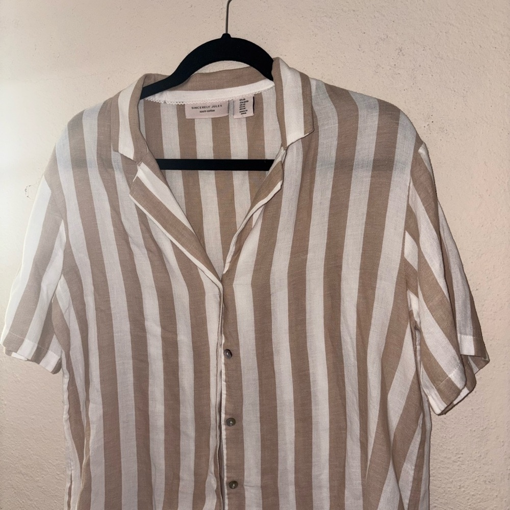 Sincerely Jules Tan and White Striped Button Down Shirt
